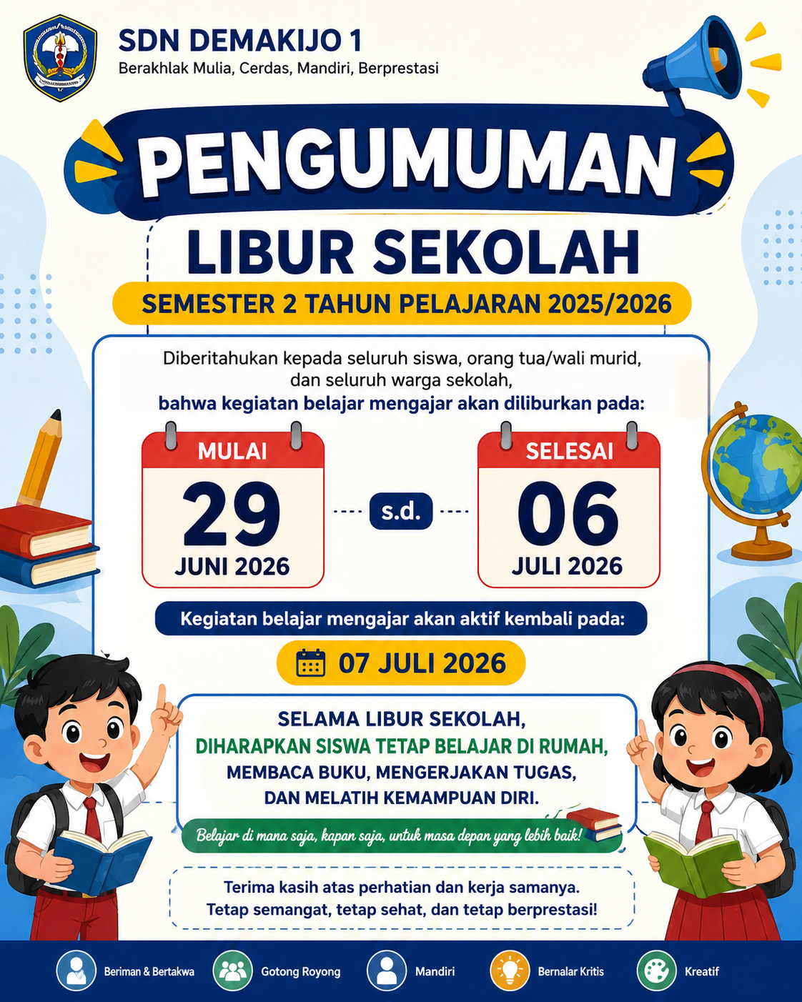 Pengumuman Libur Sekolah Semester 2 Tahun Pelajaran 2025/2026